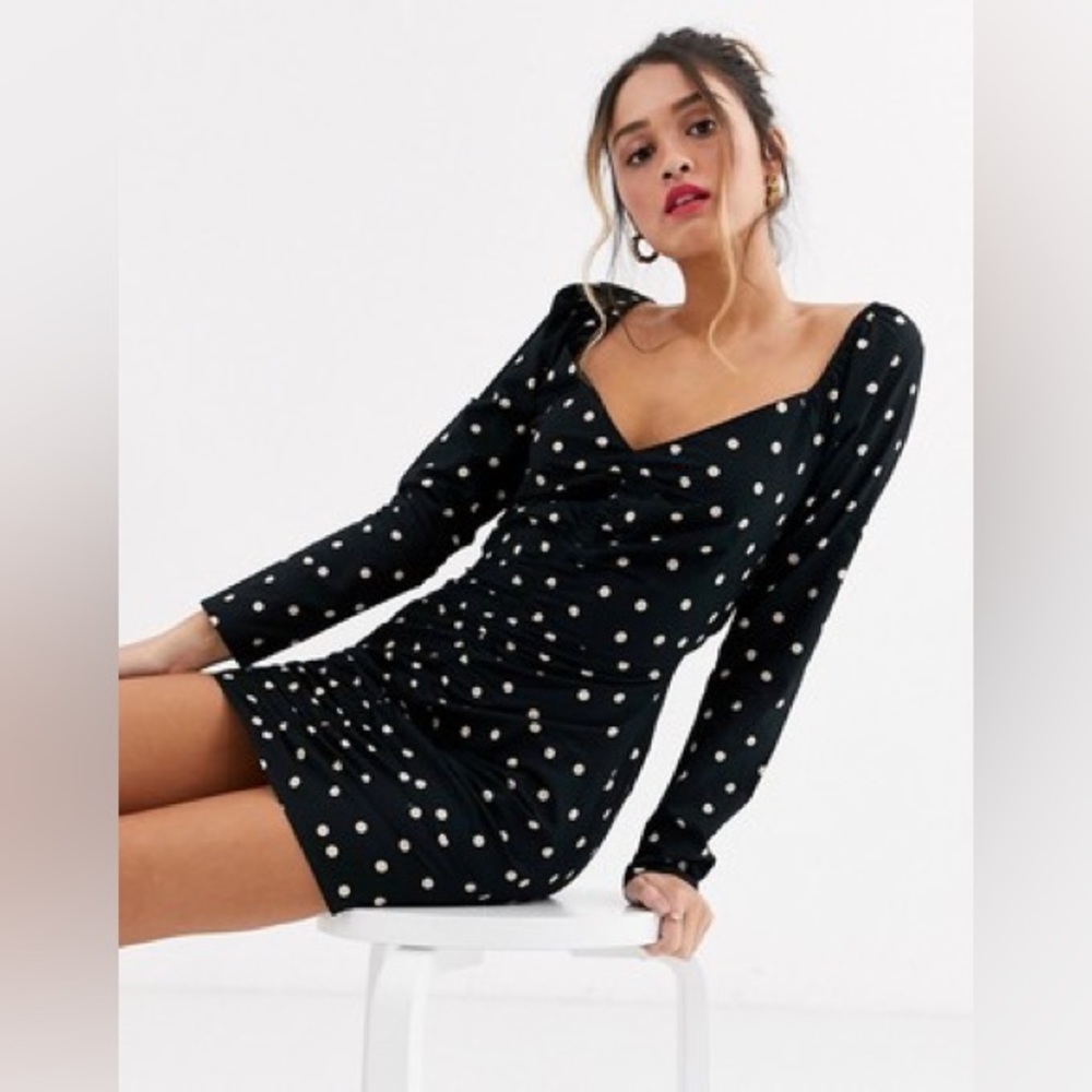 ASOS Black & White Polka Dot Mini Dress with Ruched Detail